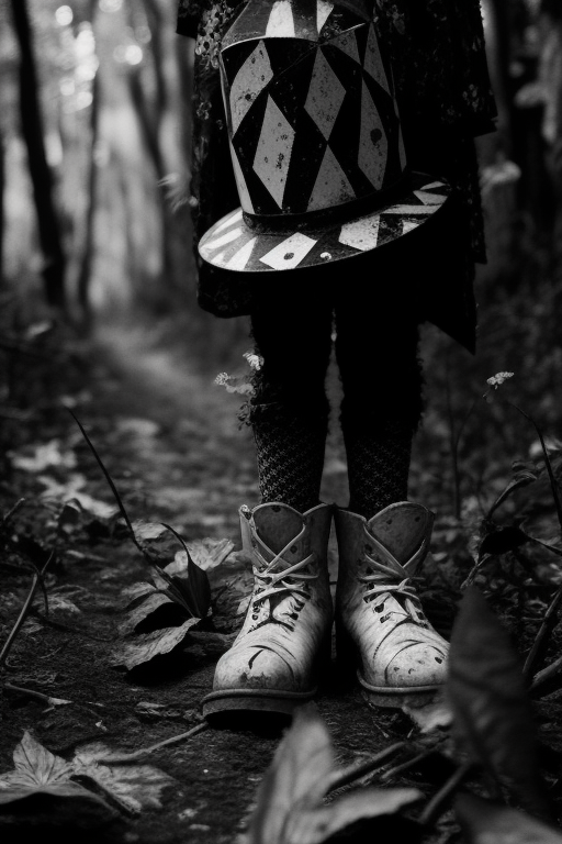 Black and white harlequin fashion photo in the woods