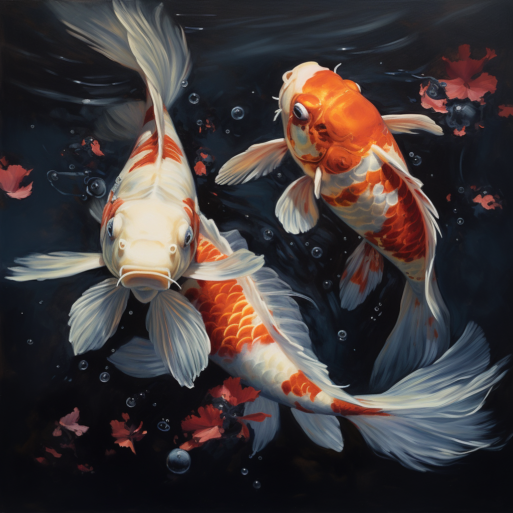 Two white koi fish swimming harmoniously