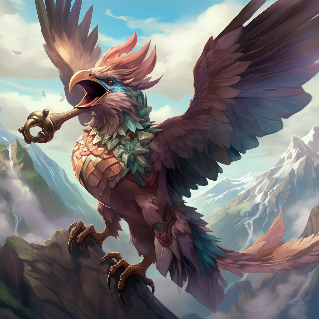 Powerful harpy blowing a horn in mountains