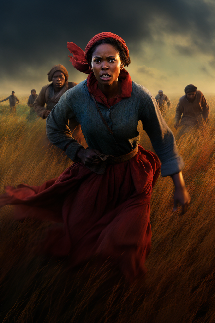 Harriet Tubman running through a field, escaping slavery