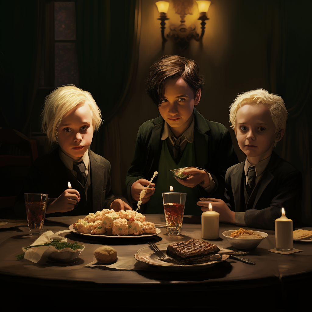 Harry Potter, Draco Malfoy, and Scorpius Malfoy savoring pudding