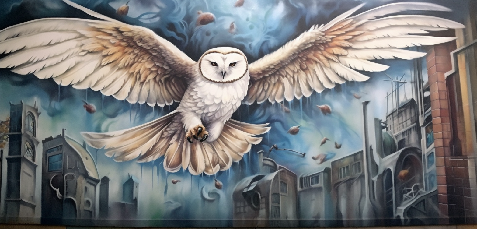 Artistic Harry Potter Mural featuring Hedwig and Magic Wands