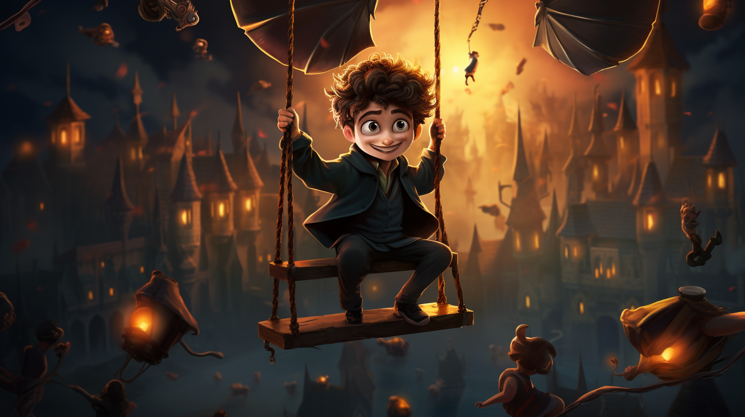 Harry Potter pushing Dobbie on swing at Hogwarts