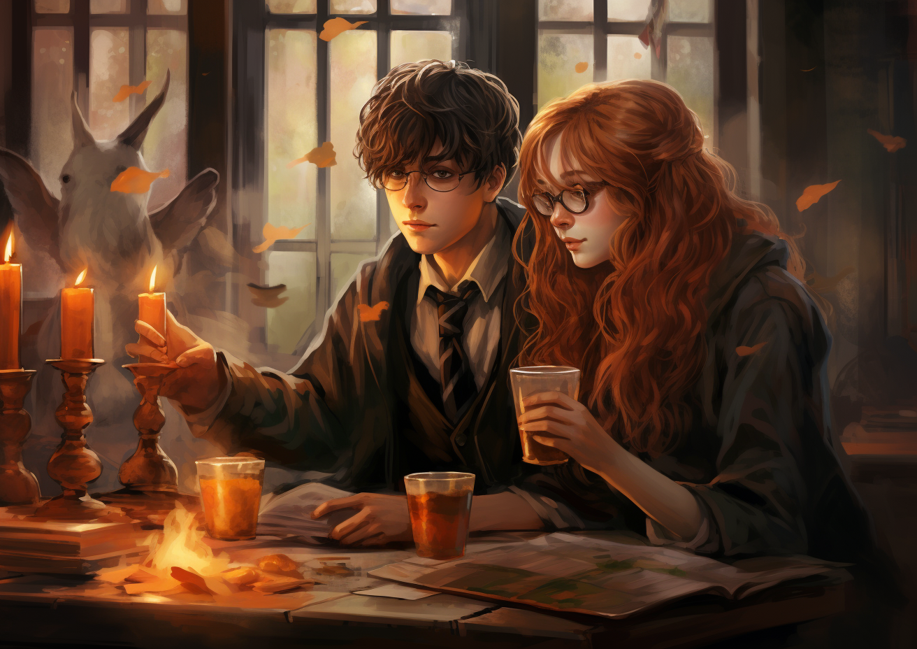 Harry Potter and friends enjoying butter beer