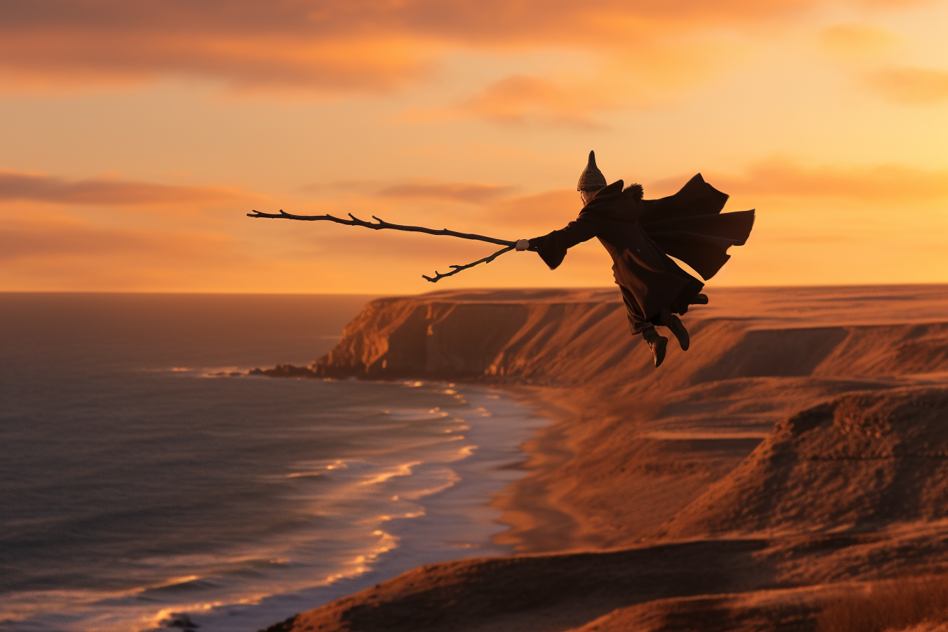 Harry Potter flying on broom at sunset