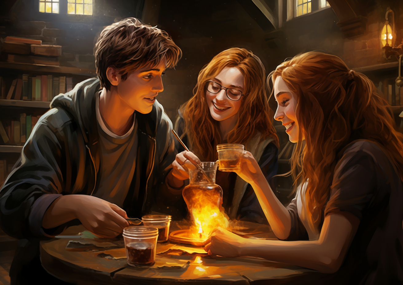 Harry Potter, Ron, and Hermione enjoying butter beer