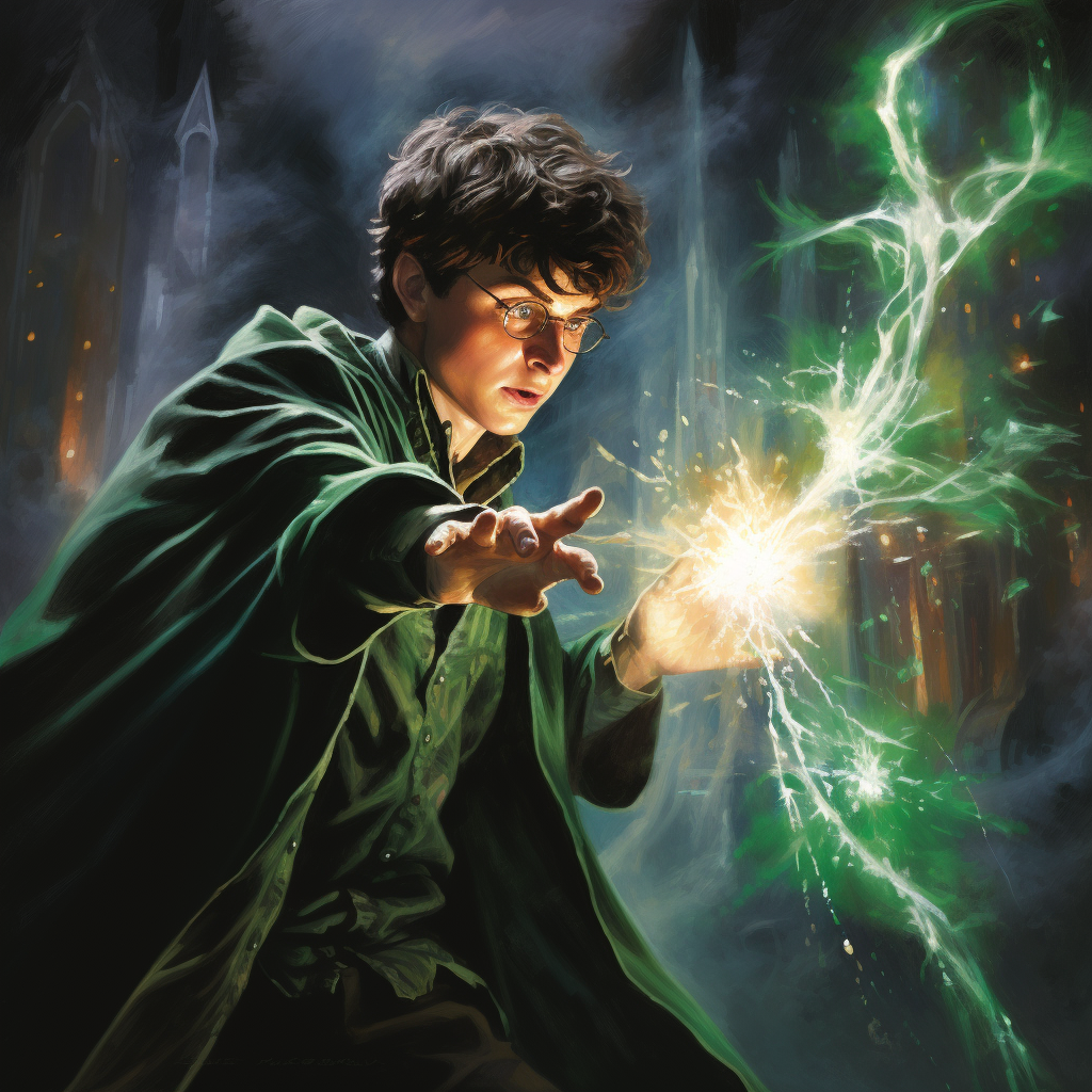 Harry Potter casting powerful green spell