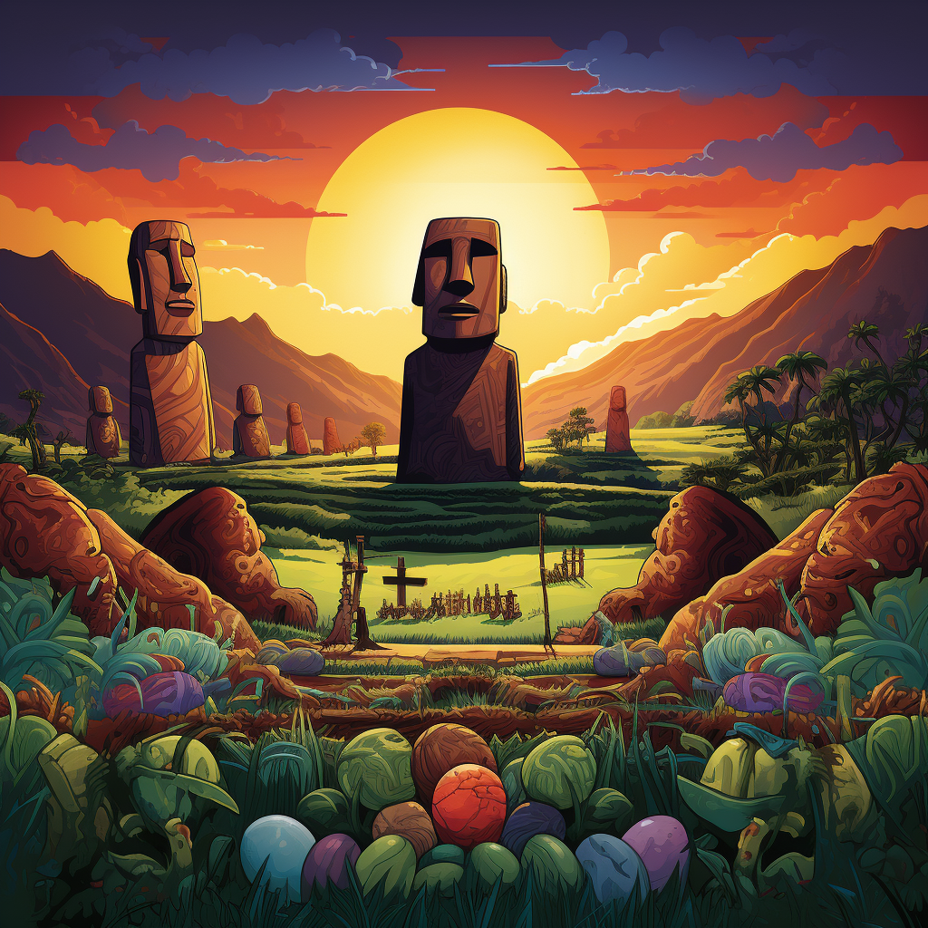 Colorful illustration of a harvest scene on Easter Island