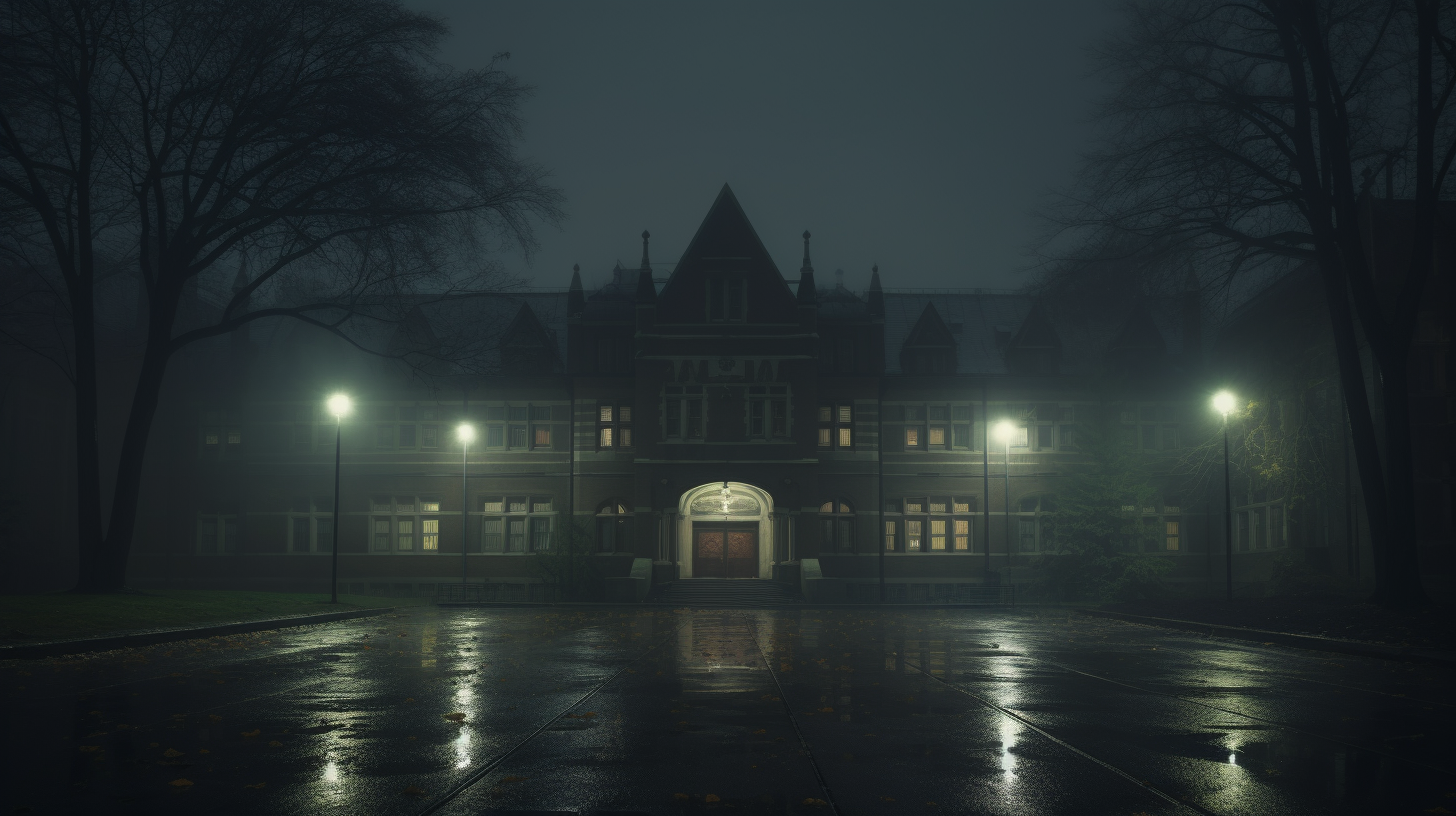 Haunted elementary school in rainy winter evening