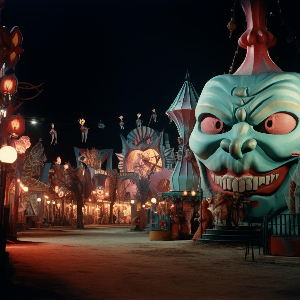 Haunted fairground with vibrant colors and vintage aesthetic