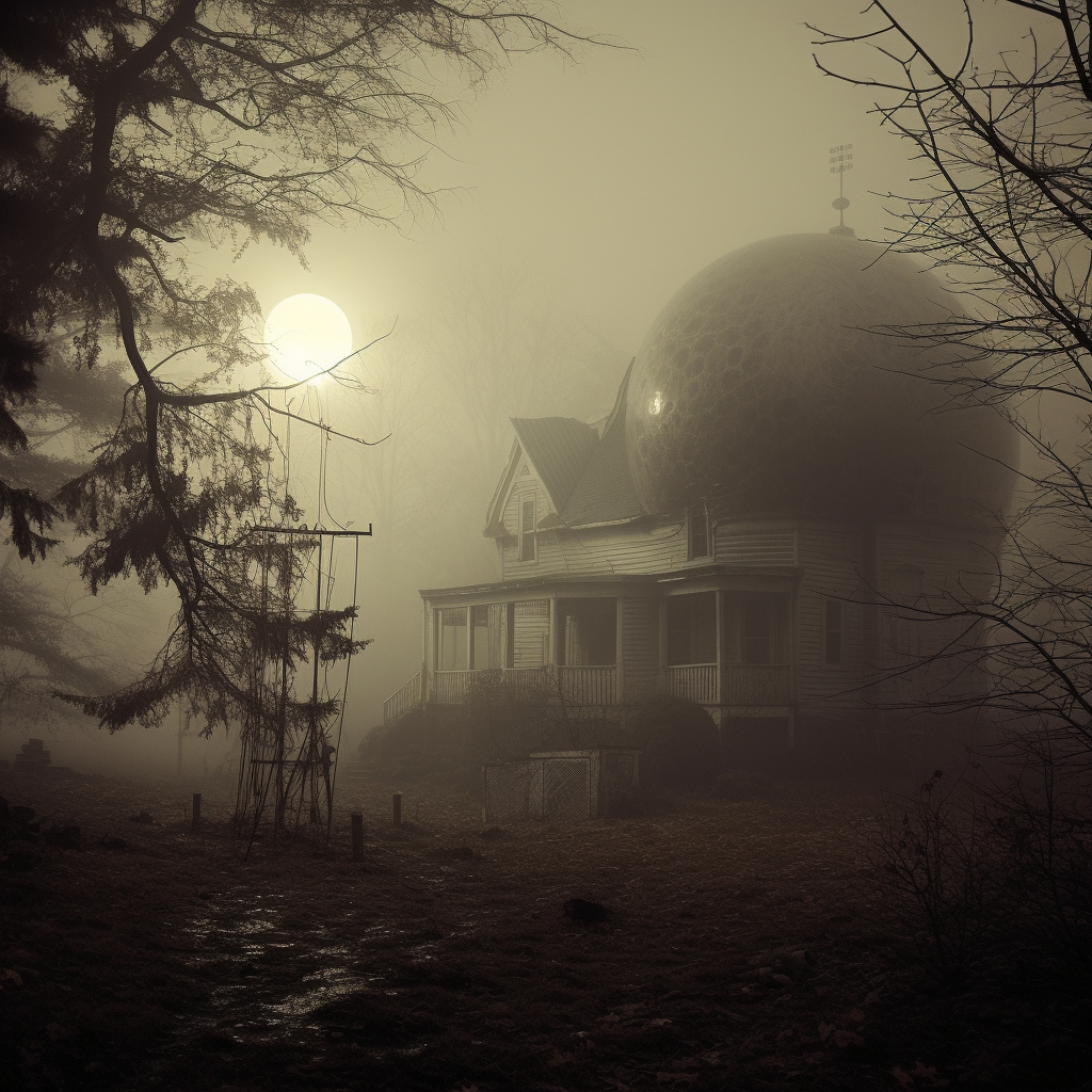 Haunted house in fog with aliens