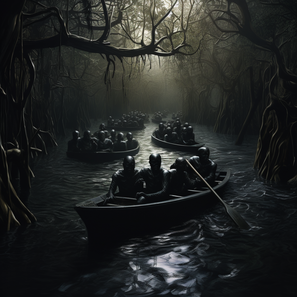 Group floating down haunted jungle river