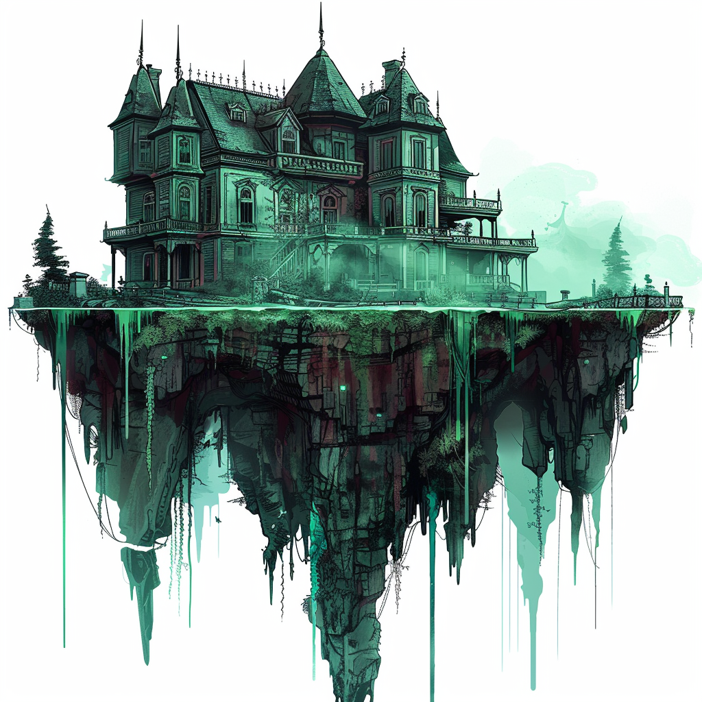 Dilapidated haunted mansion on green ocean