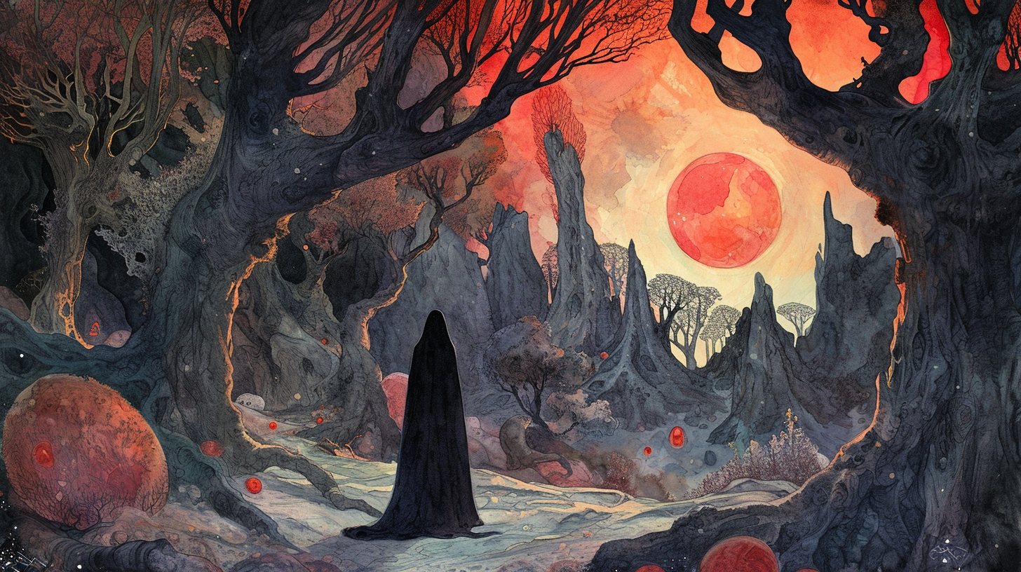 Figure in Haunted Nocturnal Forest during Lunar Eclipse