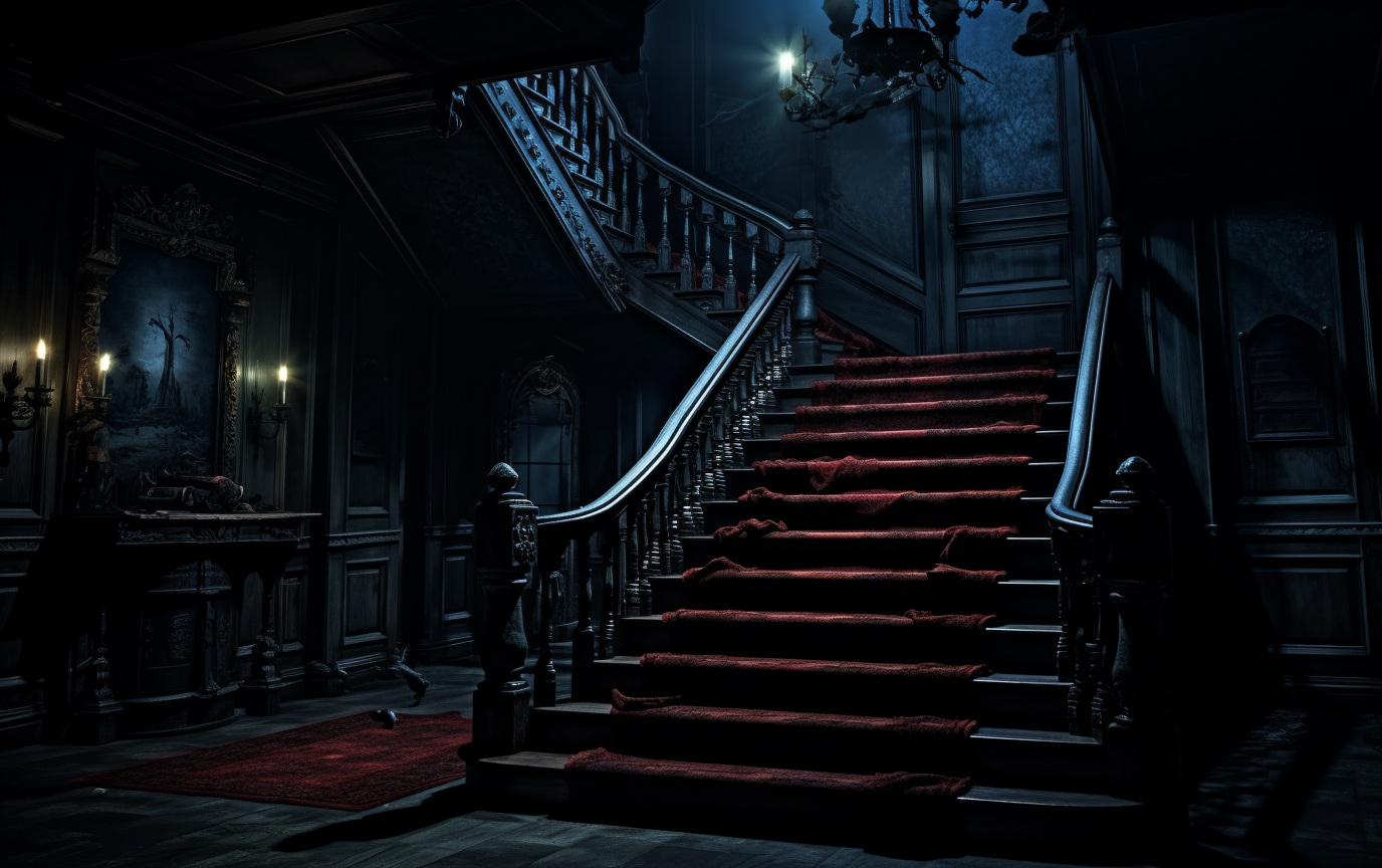 Dark haunted home with ghost on staircase