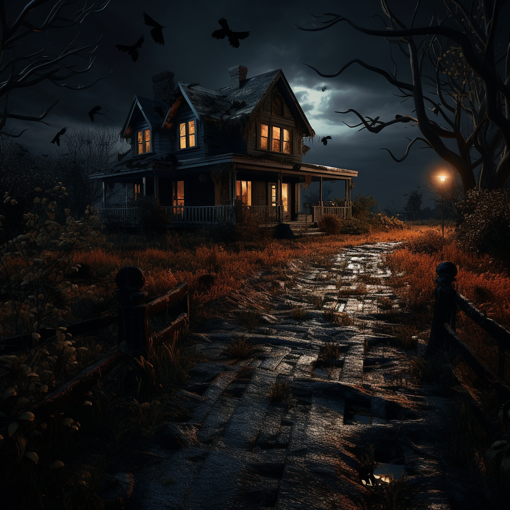 Image of contrasting haunted house and suburban home