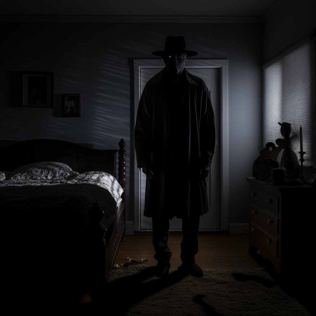 Spooky haunted shadow guy in dark bedroom