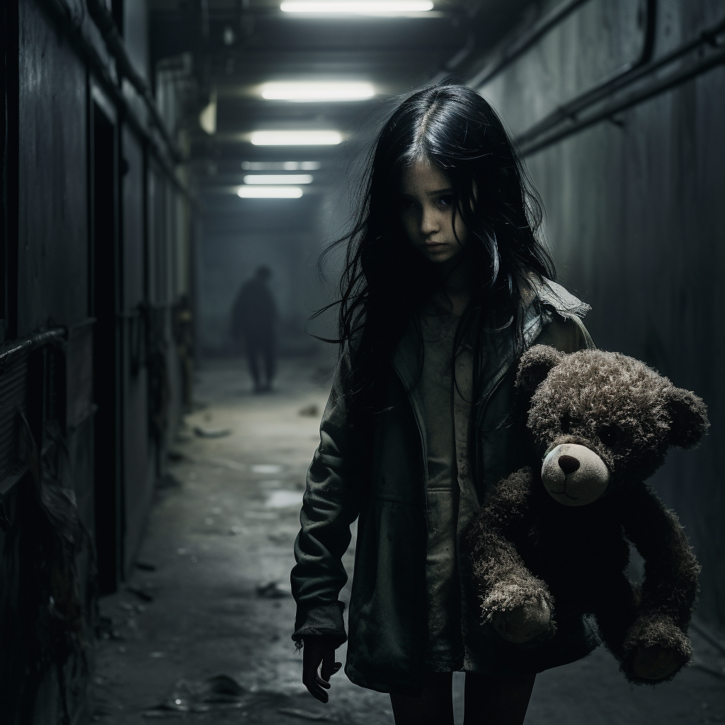 Dark-haired girl with tattered teddy in dimly lit corridor