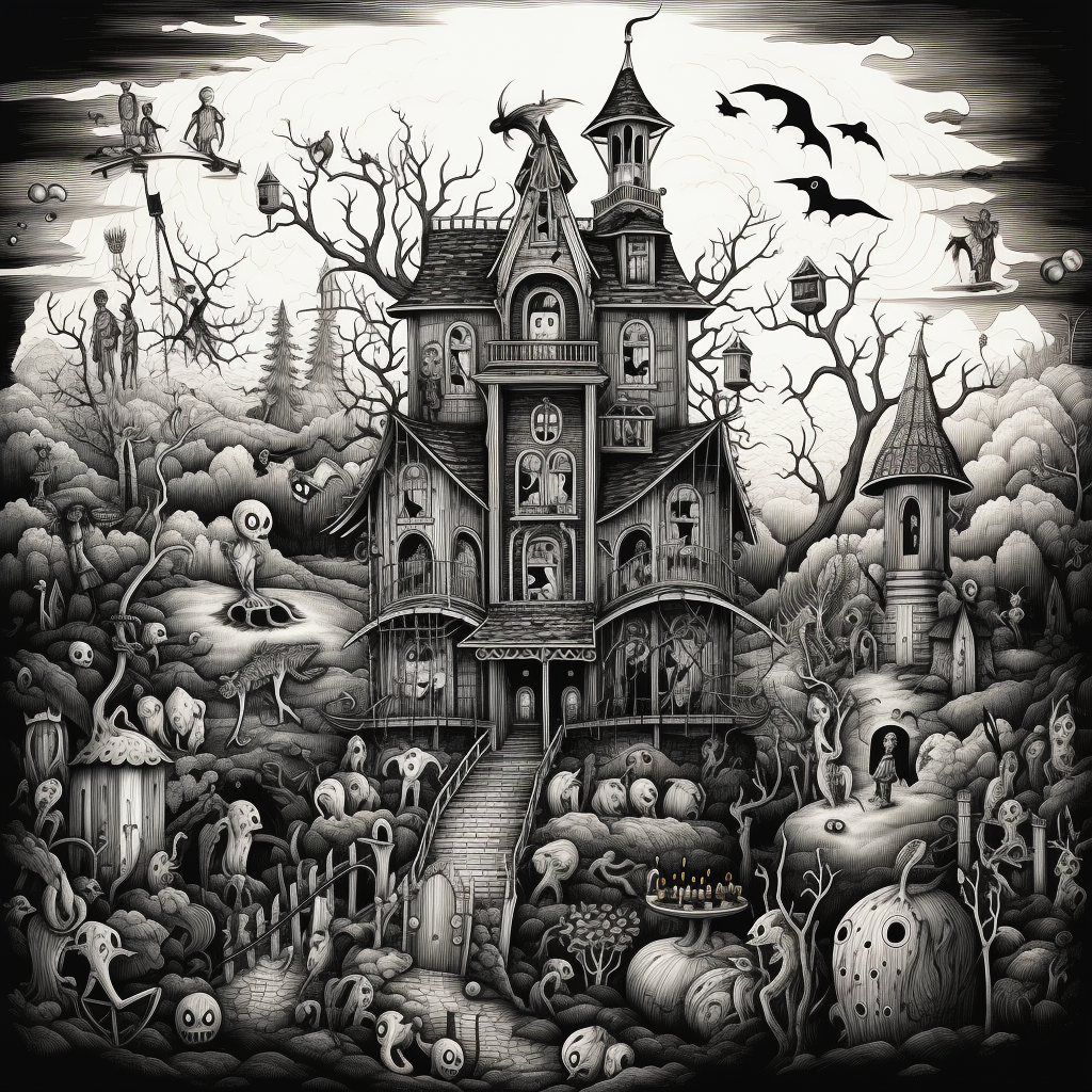 Detailed Halloween Illustration with Ghosts and Witches