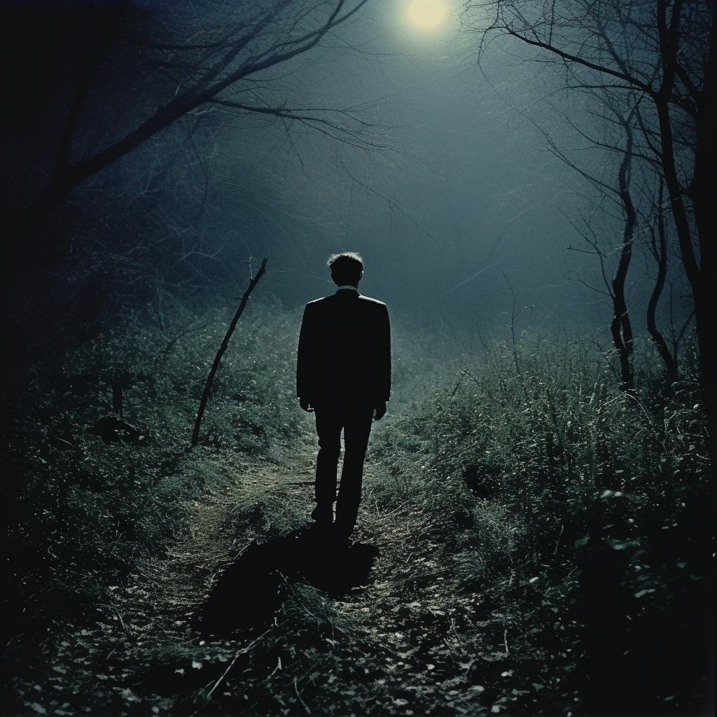 20-year-old man walking in creepy moonlit woods