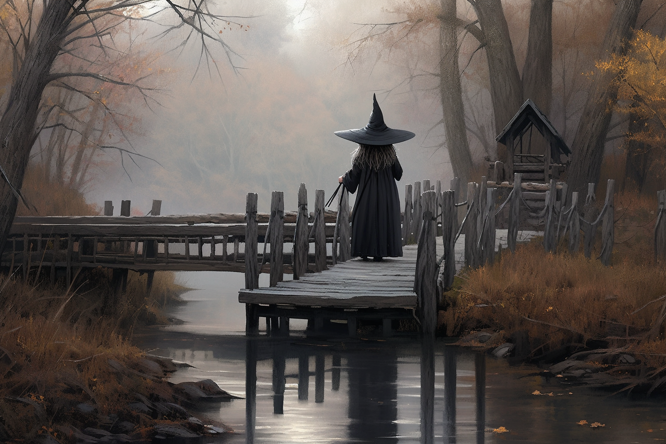 Ghostly witch on old truss bridge