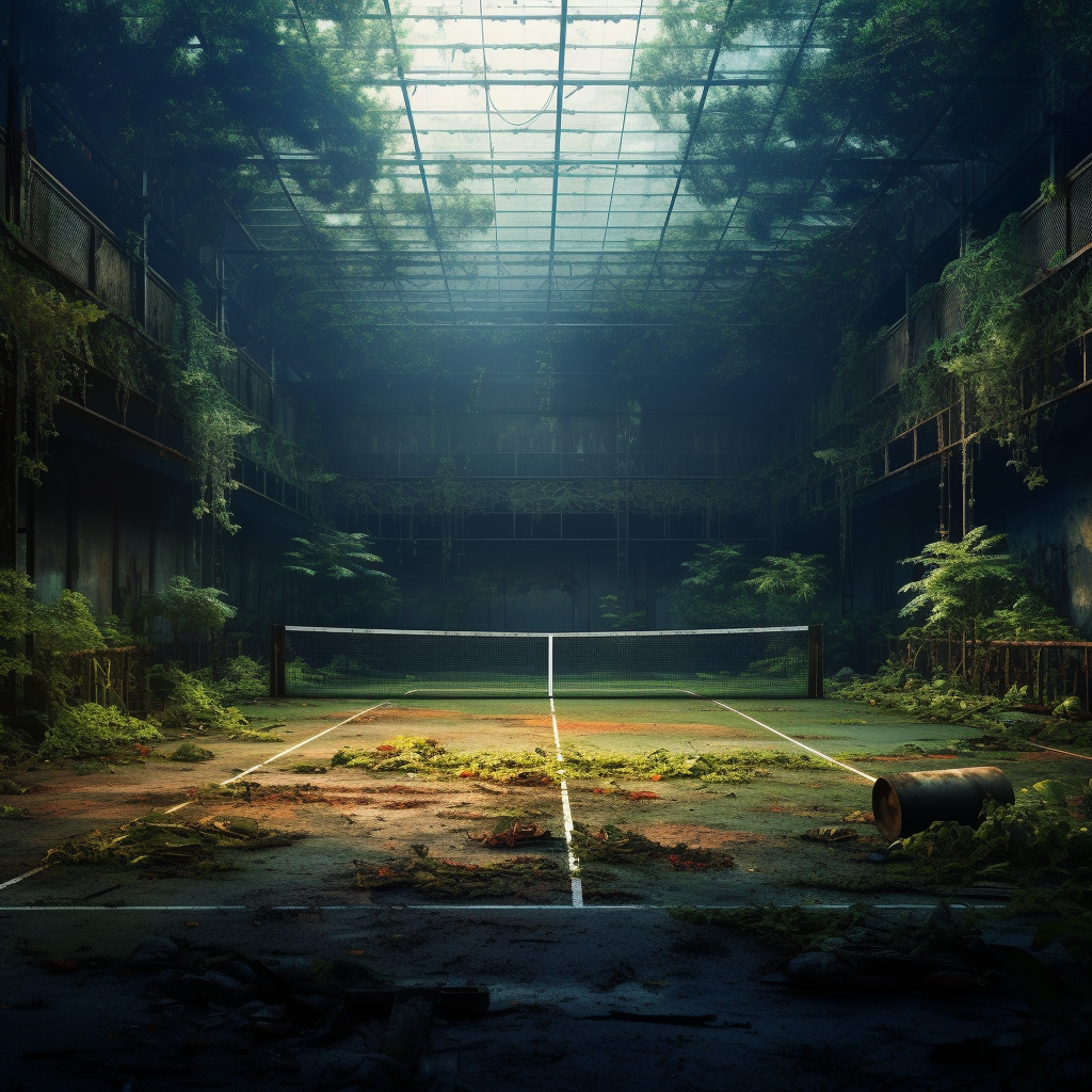 A hauntingly beautiful abandoned tennis court scene