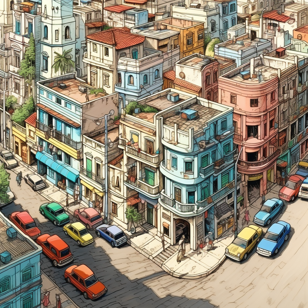 Detailed isometric drawing of mini town in Havana