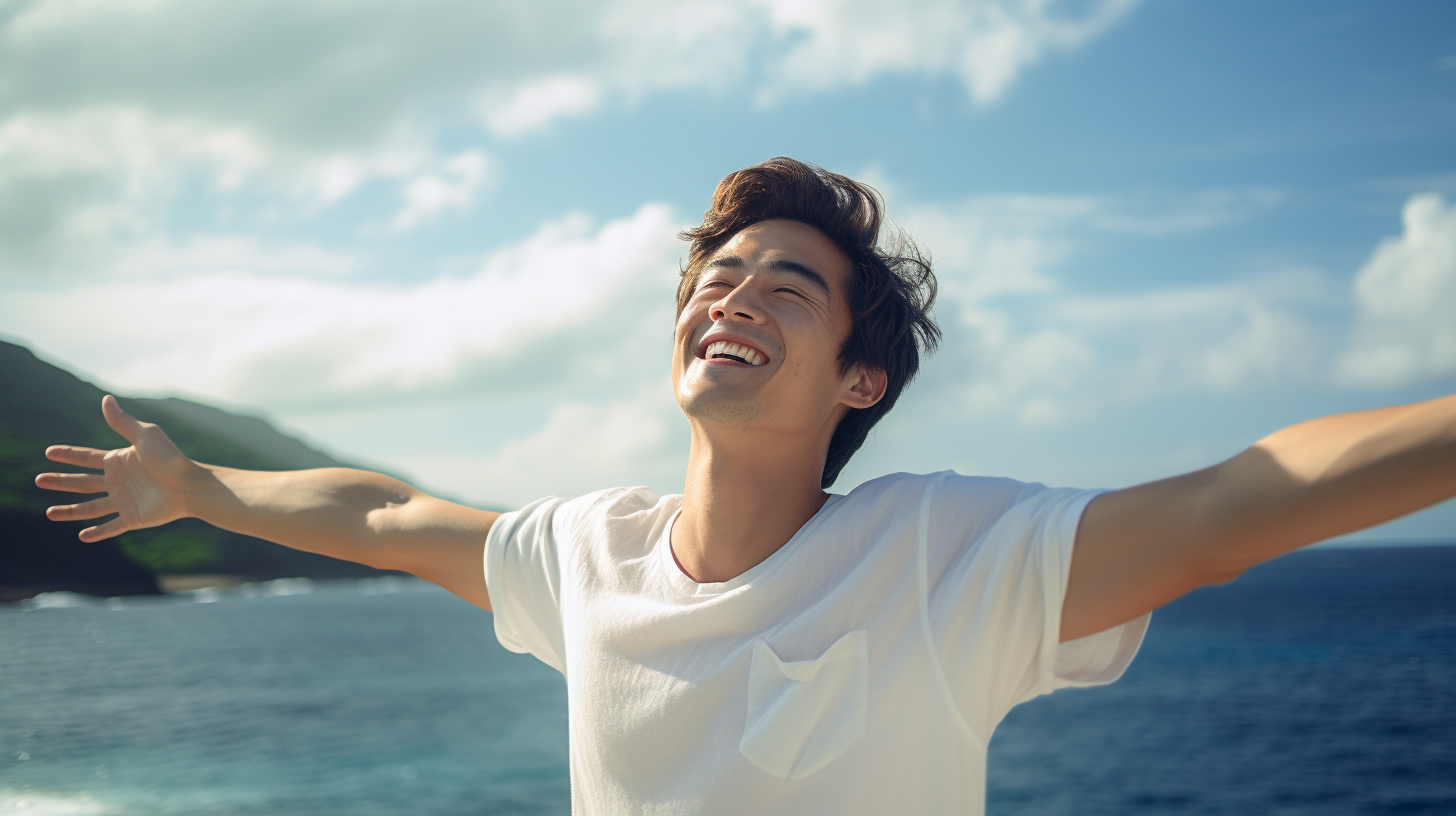 Happy man enjoying a relaxing afternoon by the sea