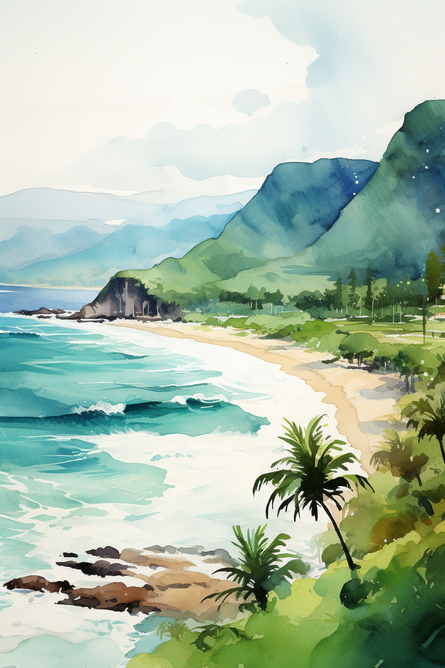 Quick minimalist watercolor sketch of Hawaii landscape