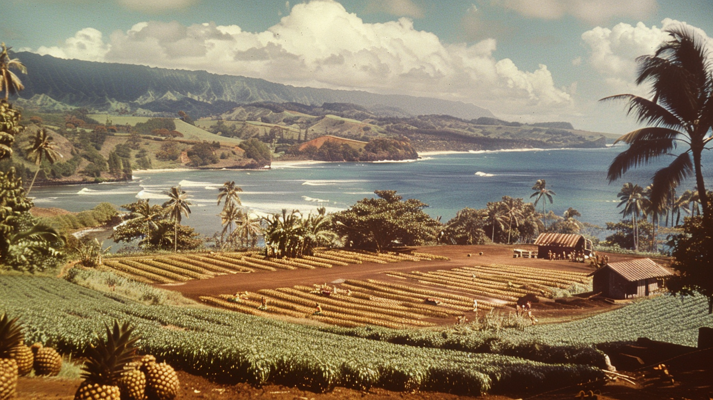 Hawaiian pineapple workers and surfers