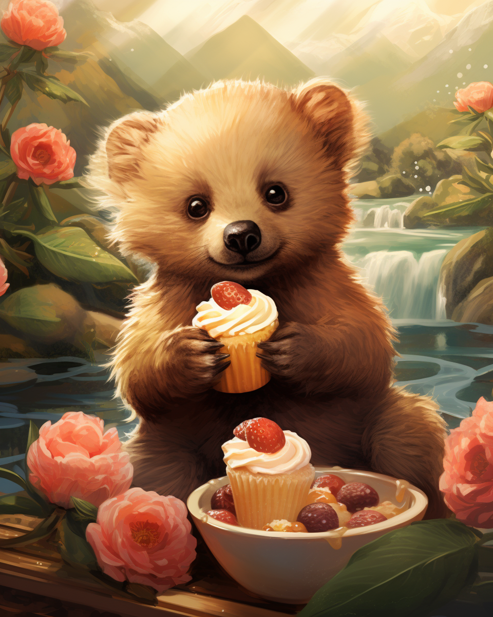 Cute baby bear enjoying delicious puff pastries