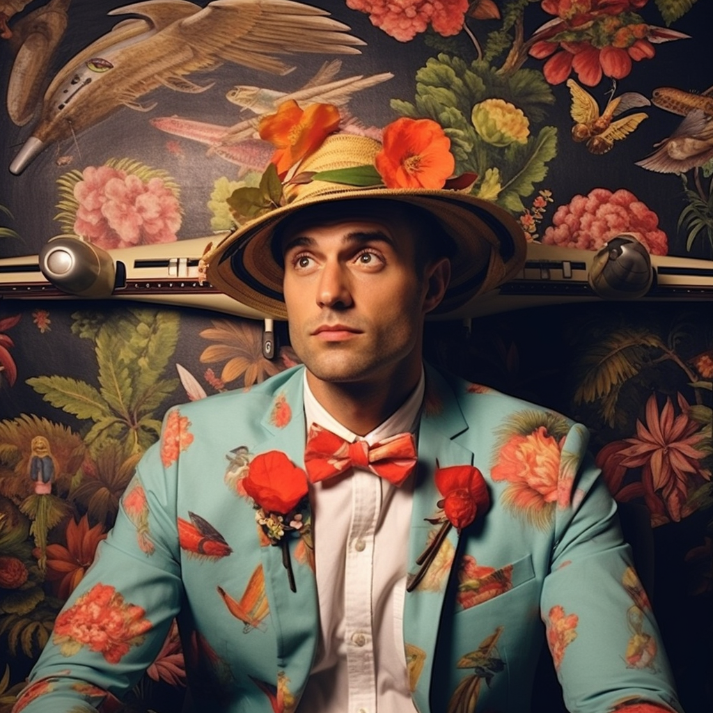 Man wearing Hawaiian pattern red bowtie