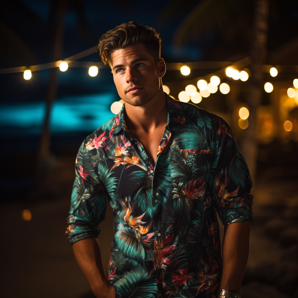 Model wearing Hawaiian shirt on a beach