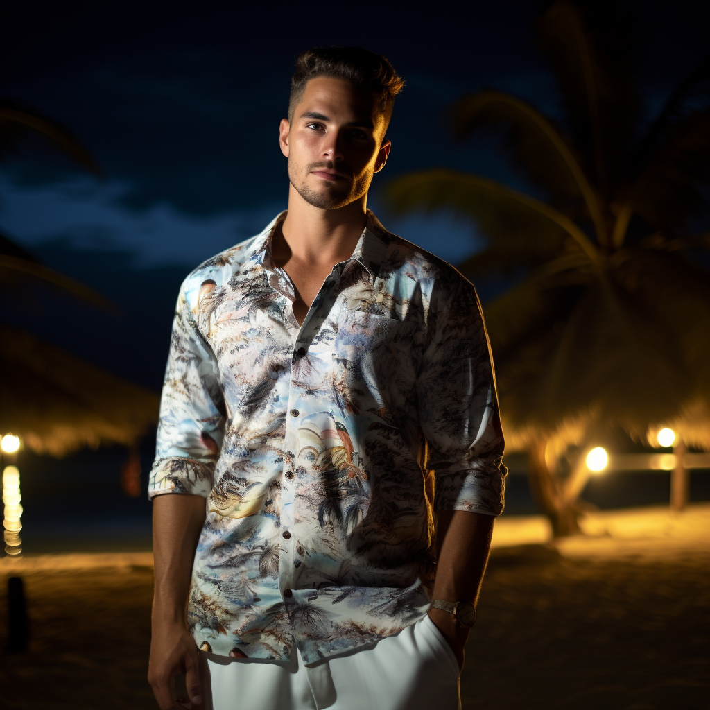 Model in Hawaiian Shirt on Beach