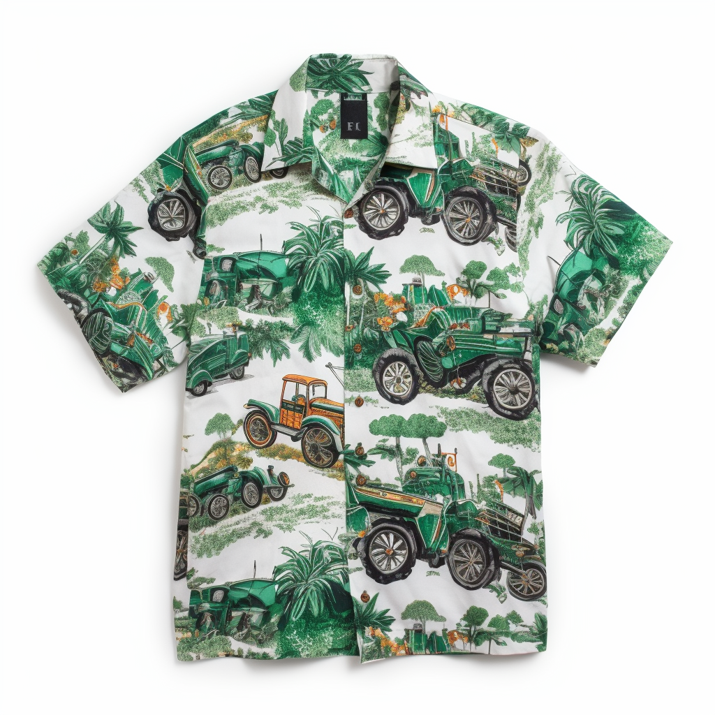 Hawaiian shirt with green Fendt tractors on white background