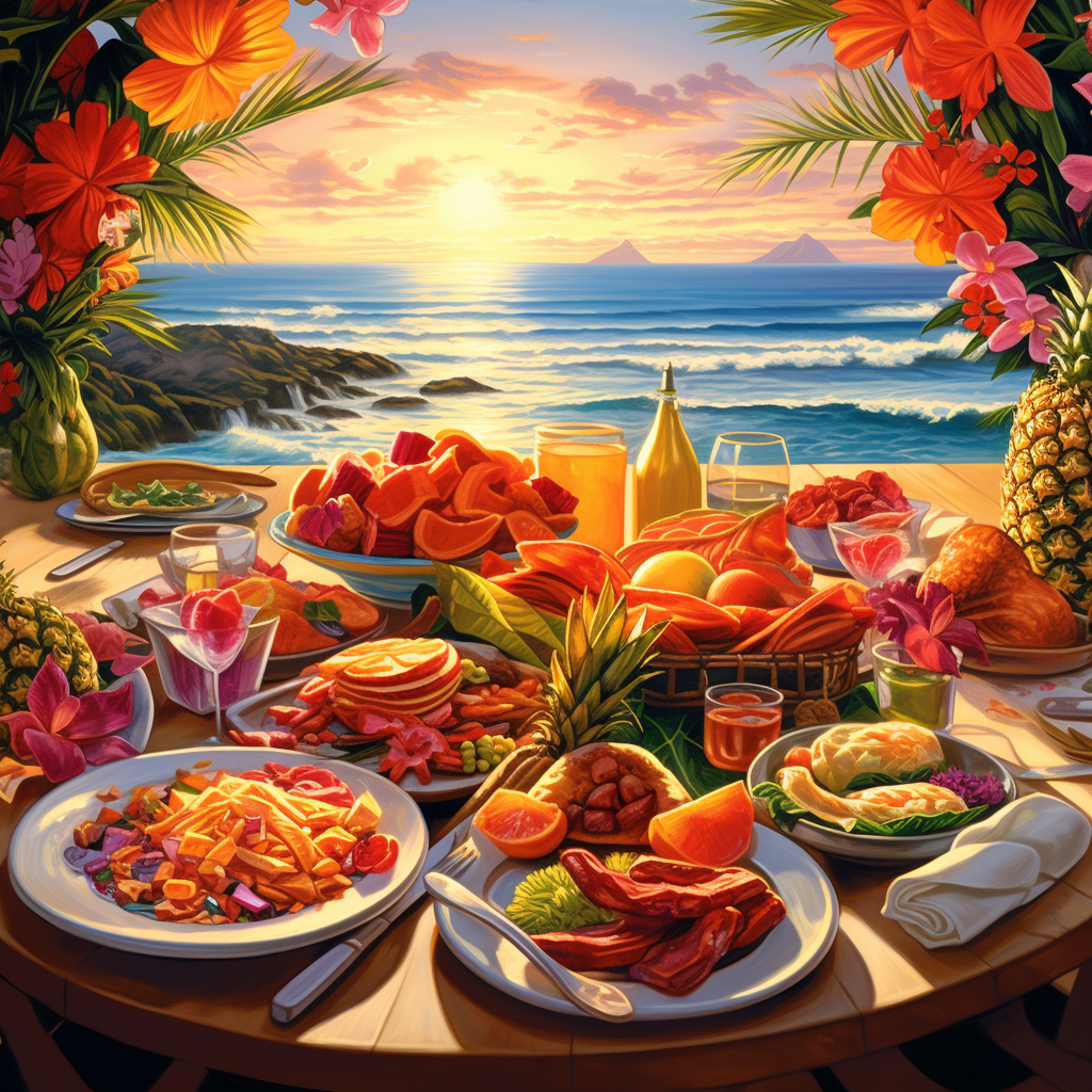 Realistic, beautiful, bright, colorful Hawaiian Thanksgiving dinner