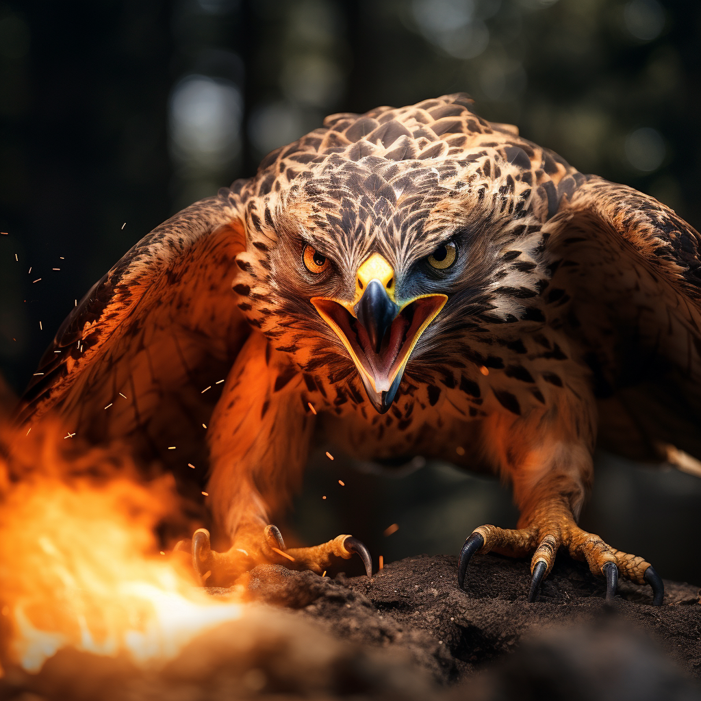 A majestic hawk playing with fire amidst a beautiful mountain landscape