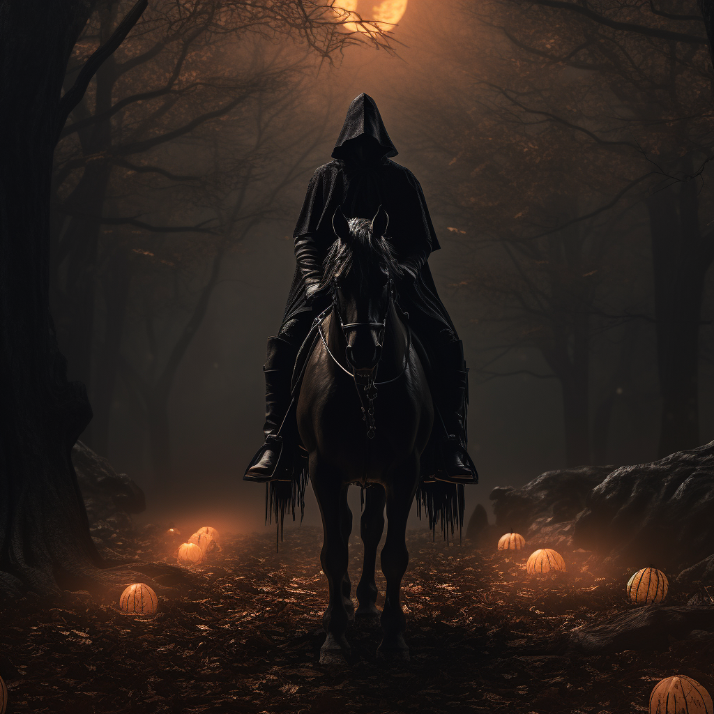 Ghostly horseman holds a pumpkin in haunted wood