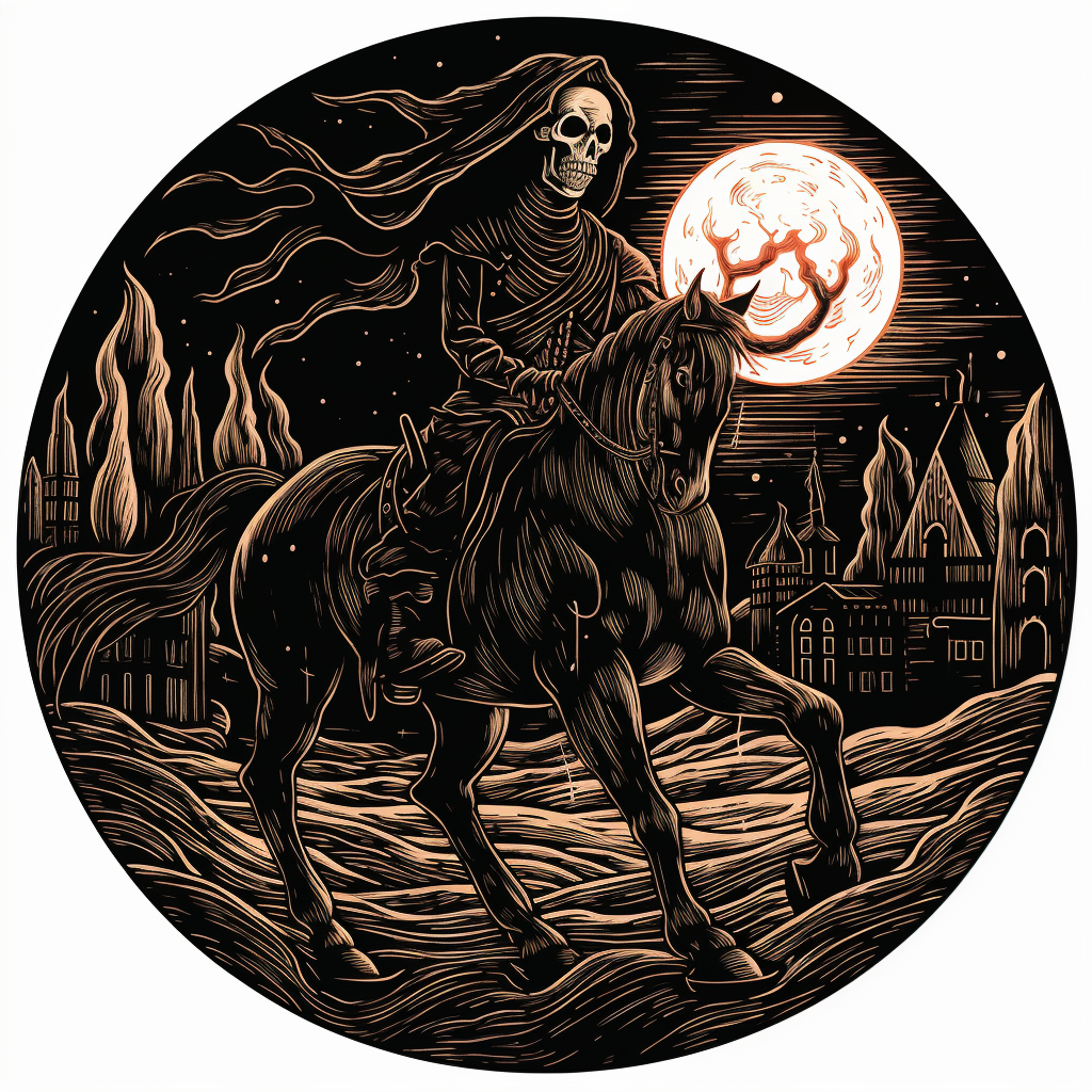 Woodcut of headless horseman with pumpkin