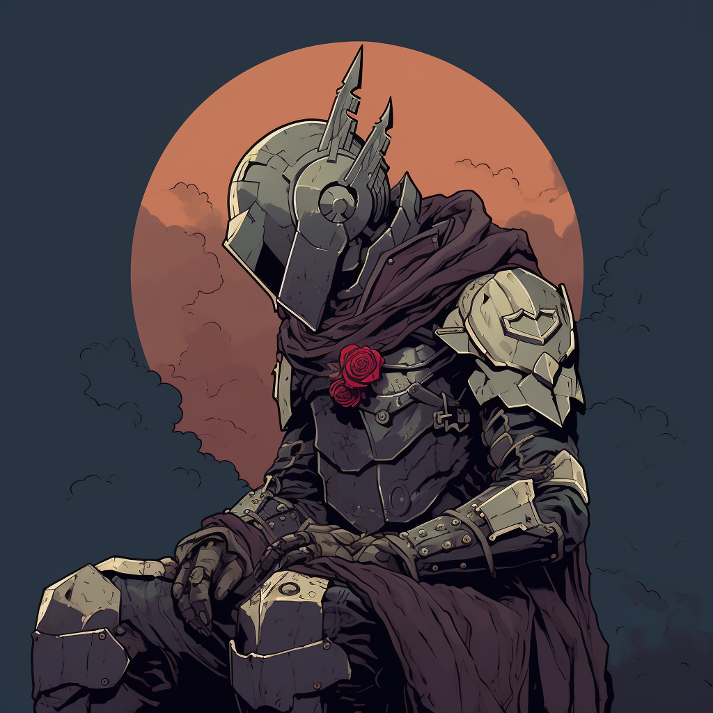 Headless knight holding helmet in anime artstyle