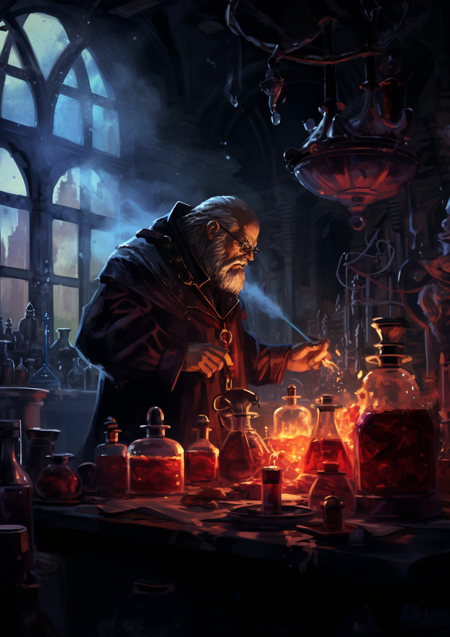 Cartoon Alchemist Creating Healing Potions