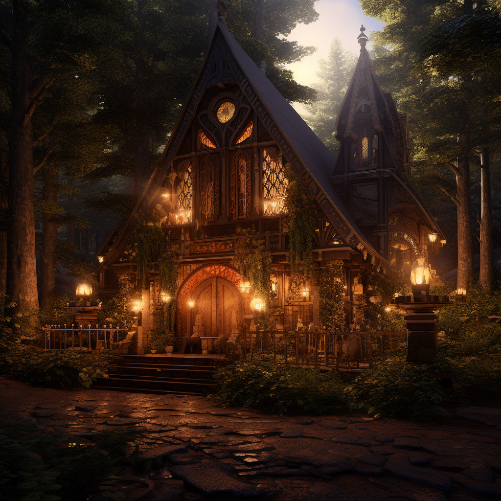 Rustic cabin in healing temple with warm light