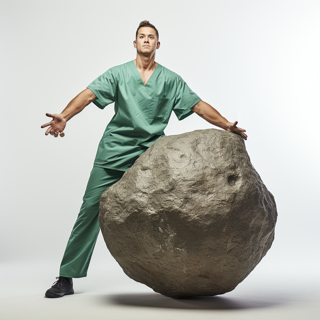 healthcare professional holding giant boulder