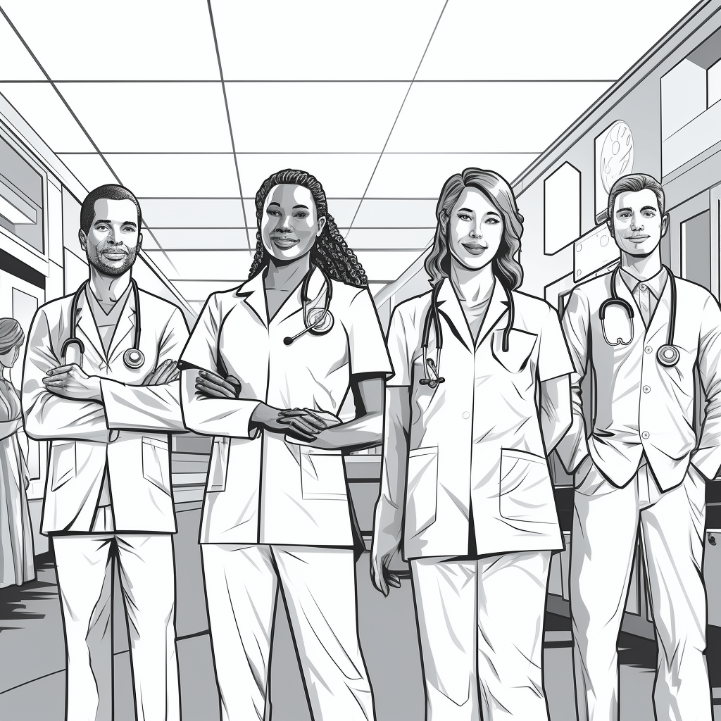 healthcare professionals in uniform line art