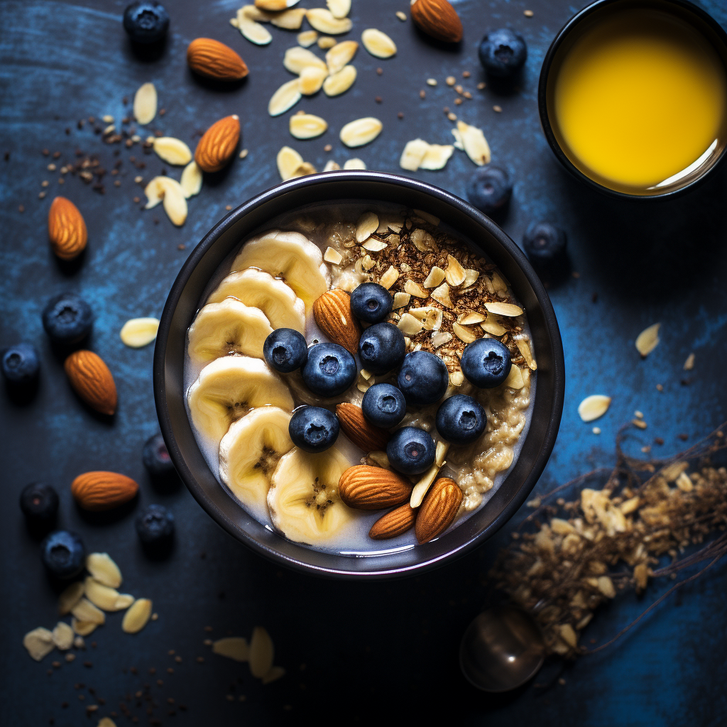 Healthy Breakfast with Oatmeal Blueberries Nuts Black Coffee