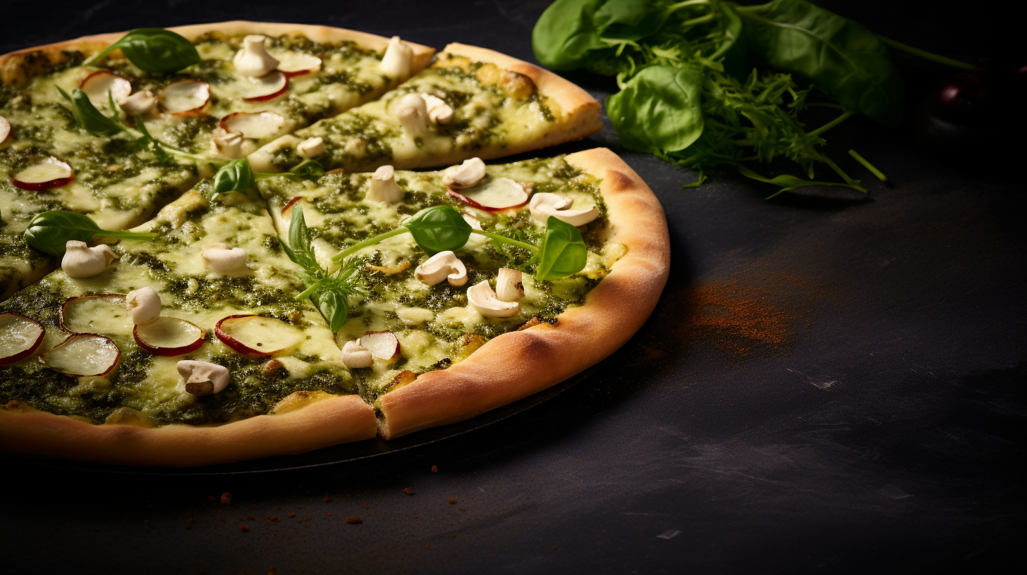 Tasty Pesto Pizza on Dark Background