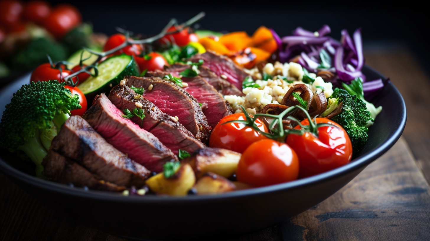 View a photo of a healthy food bowl in a kitchen with bright natural light, vibrant colors, vegetables, and steak. Quality 4K image.