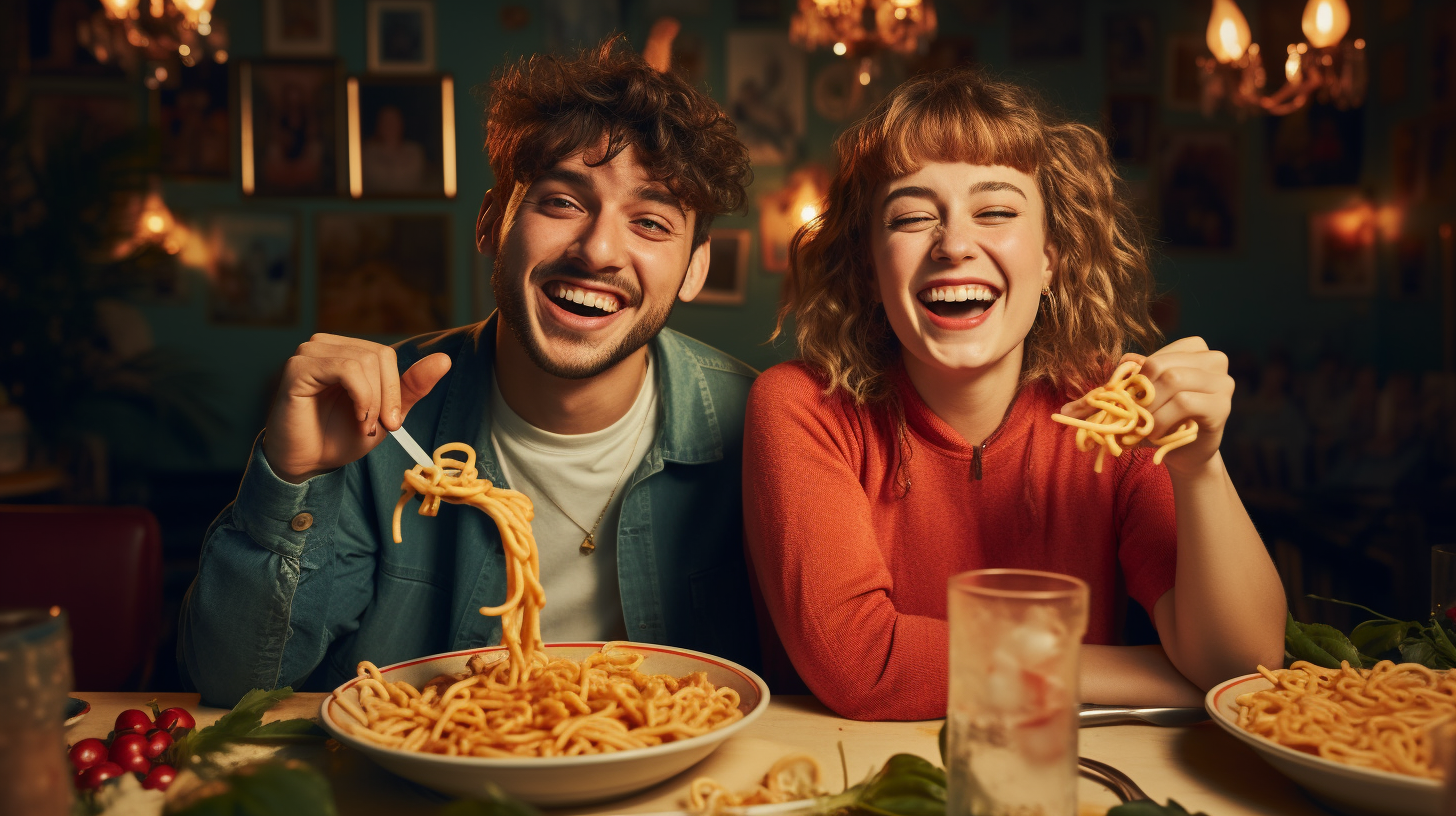 Healthy Gen Z Friends Eating Penne