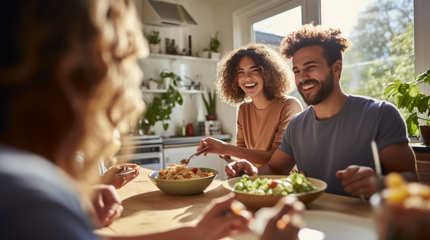 Gen Z friends eating penne in gym kitchen