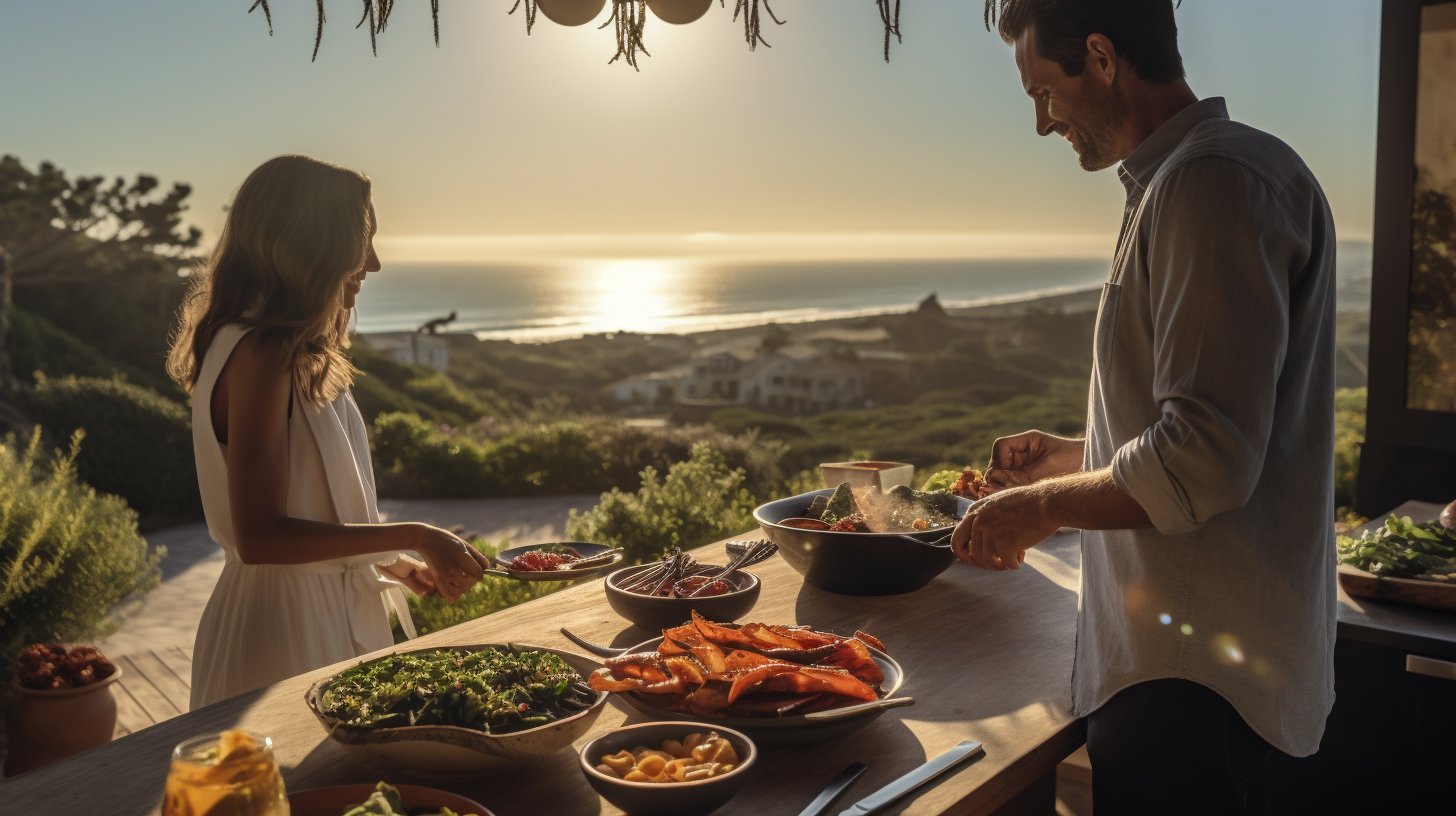 Healthy penne in outdoor kitchen